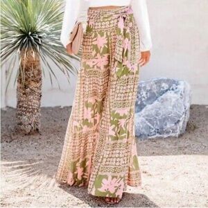 Vici tie front beach palazzo pants preppy and tropical pink & green size medium